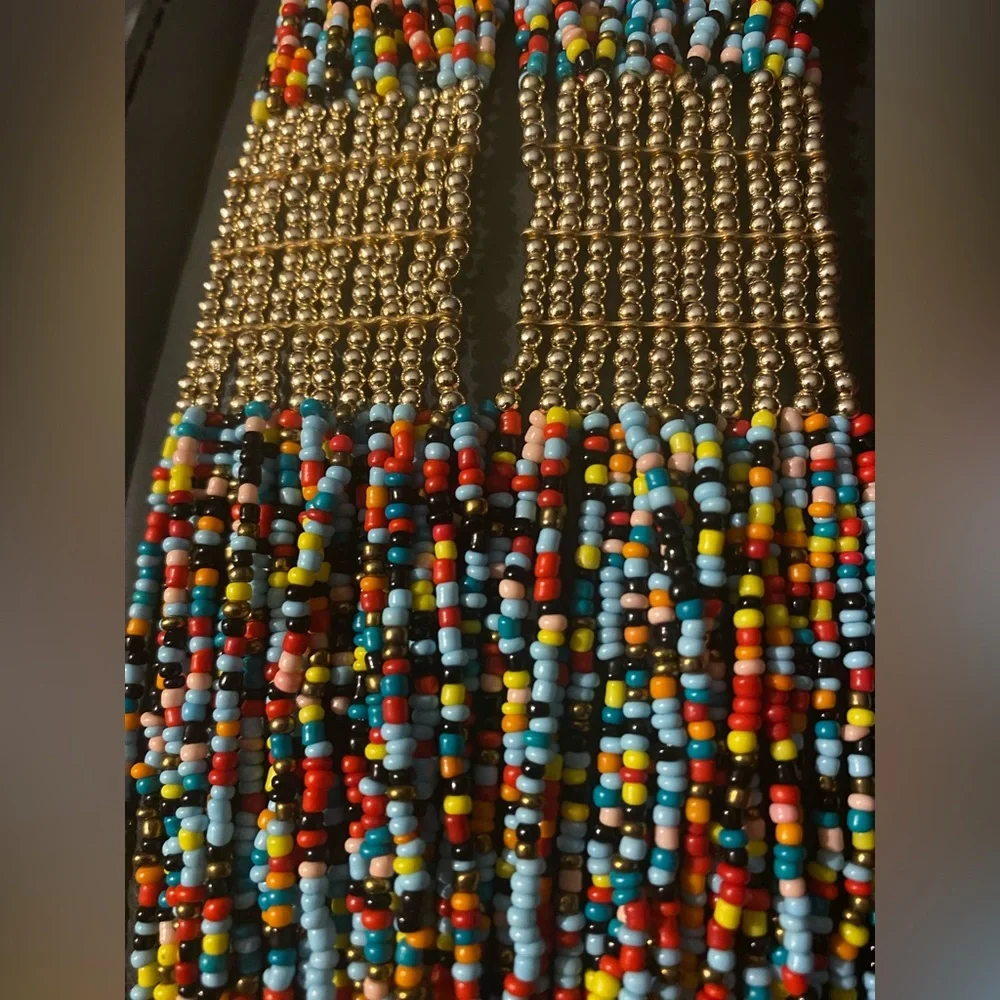 Beautiful Multicolored & Gold 20 Strand Seed Bead Statement Necklace 27”